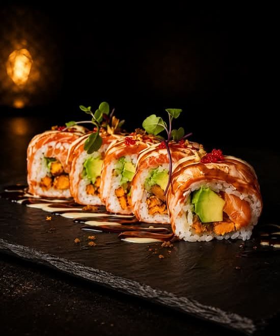 The Torching Salmon: flame-seared salmon makis on slate