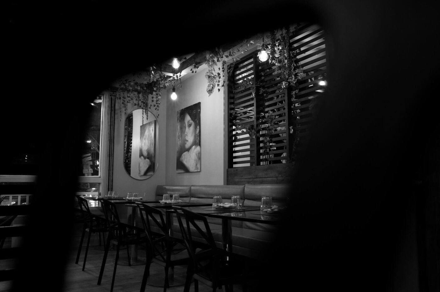 The dining room from the entrance, in low light